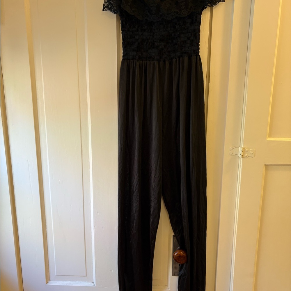 Vintage Black Lace Off-Shoulder Lounge One Piece Jumpsuit